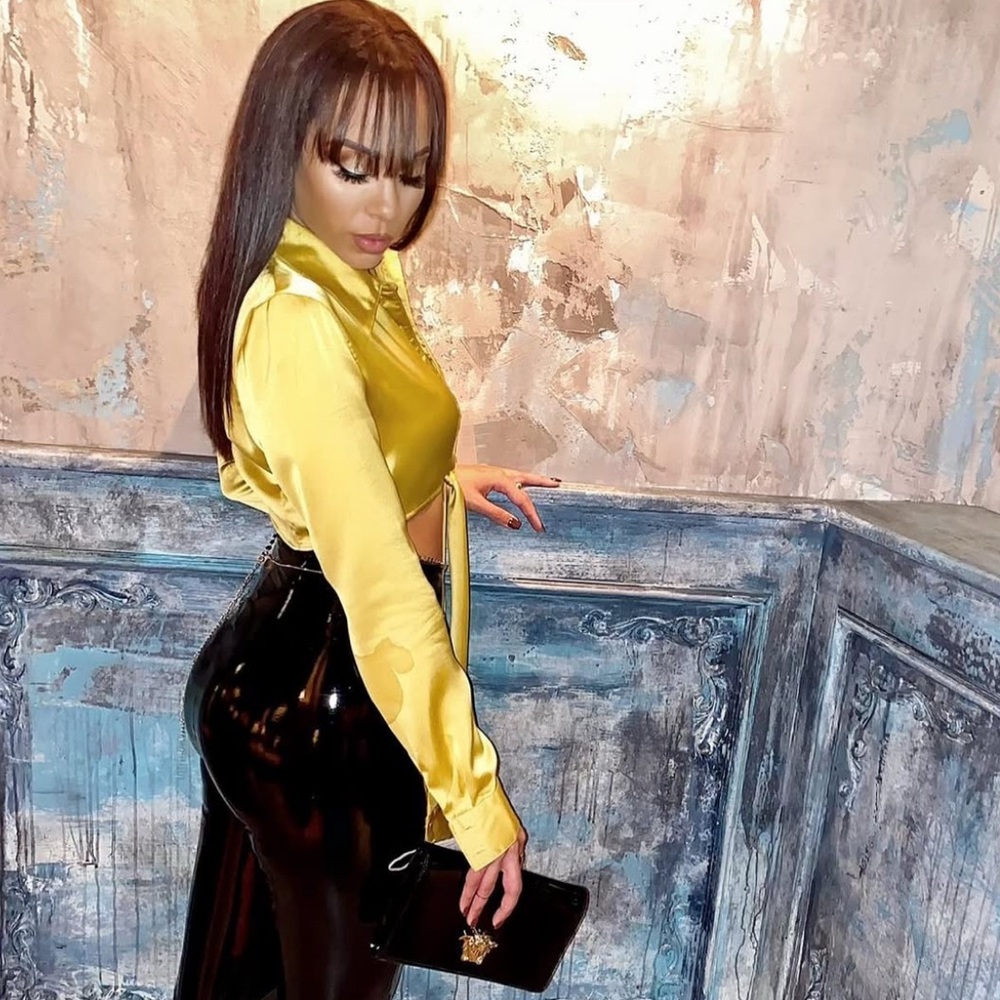 Naked Wardrobe Yellow/Golden Satin Tie-Front Blouse